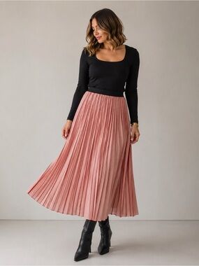Stradivarius Pink Red Colorblock Pleated Midi Skirt Womens Large Accordion Lined